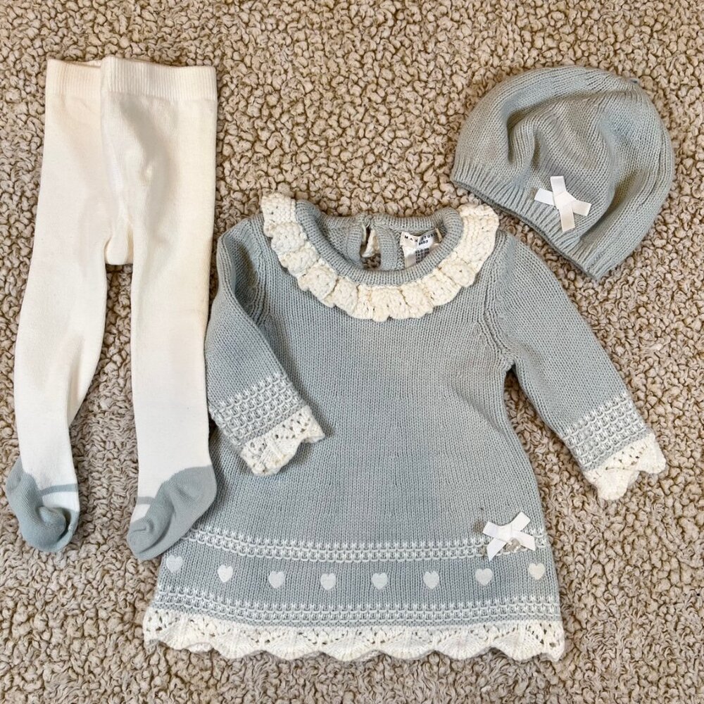 Max Studio Baby Knit Dress Tights & Hat Set